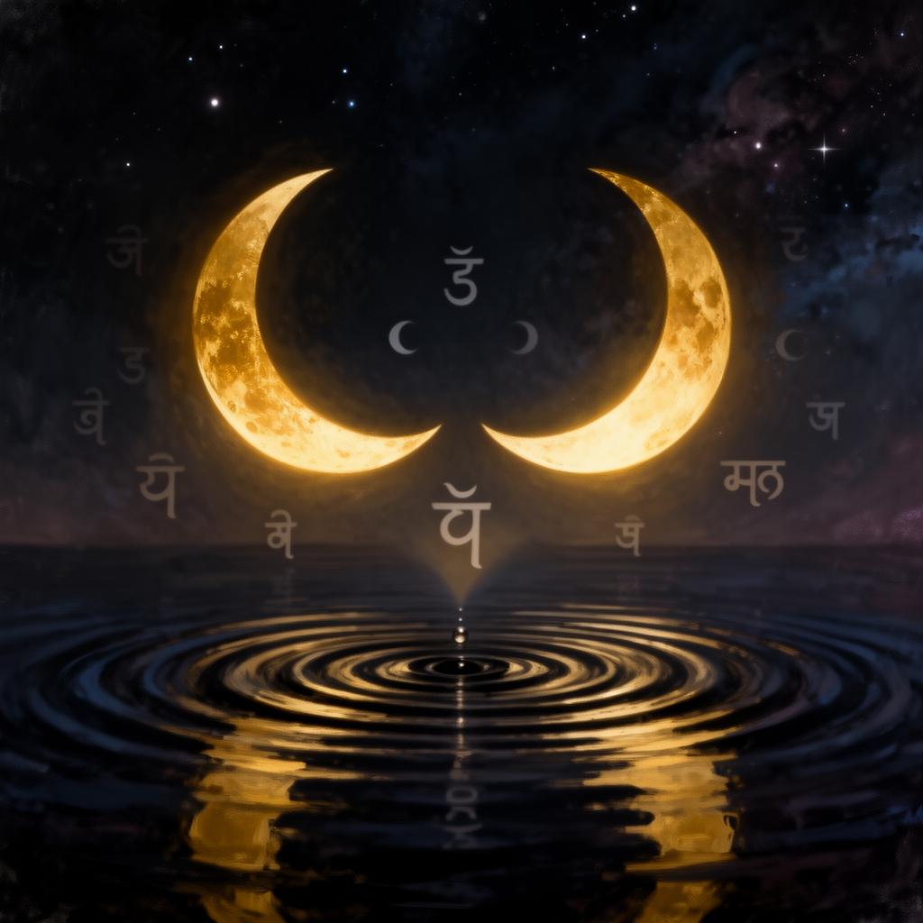 Two glowing crescent moons facing each other above rippling water