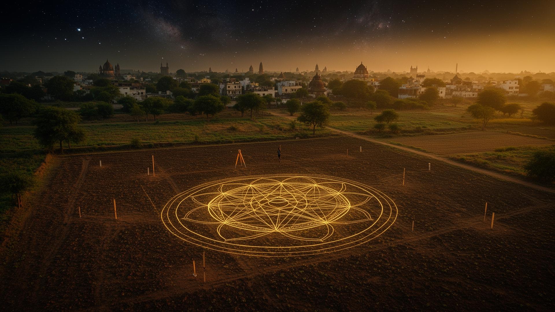 Aerial view of an empty plot with a sacred geometry mandala traced over the soil