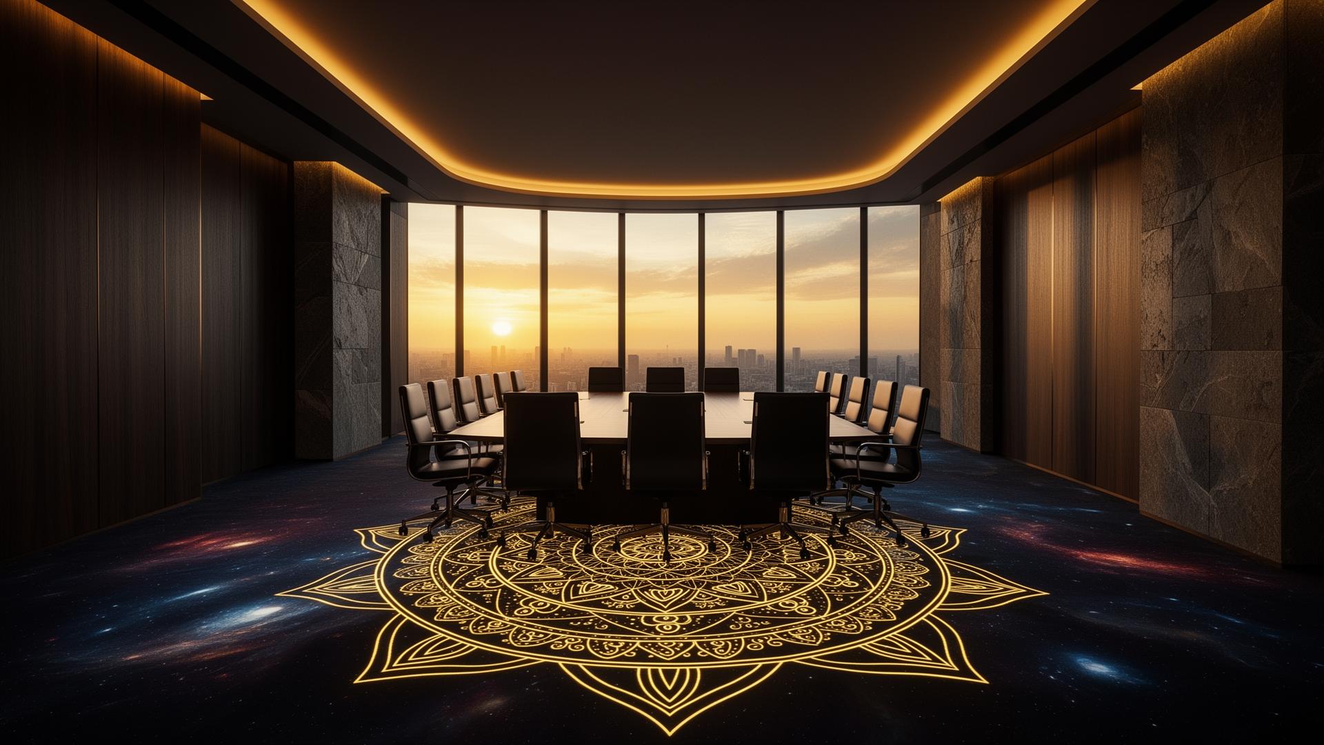 Premium boardroom at golden hour with a Vastu mandala on the floor