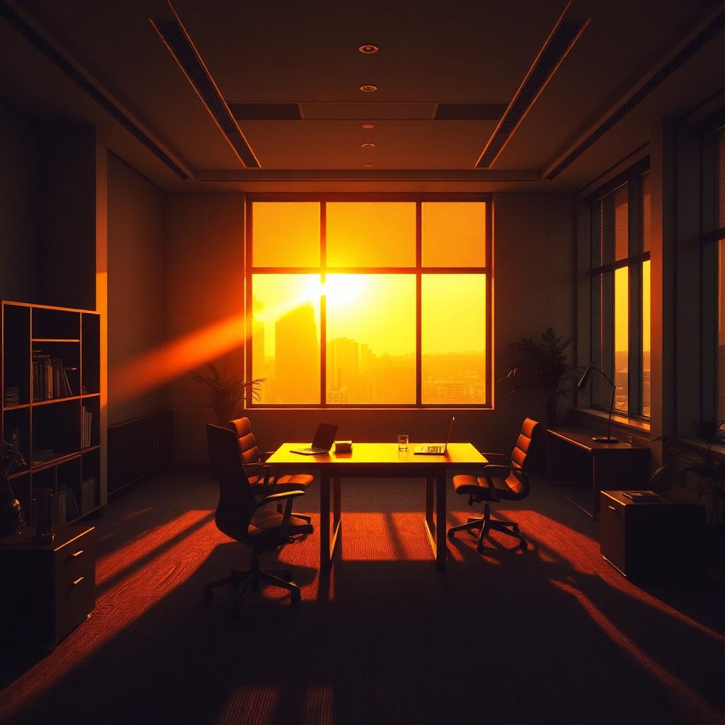 Modern office bathed in warm golden light