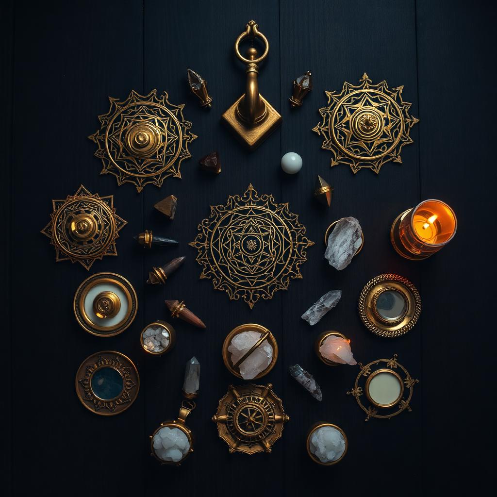 Yantras, crystals and mirrors arranged for Vastu remediation