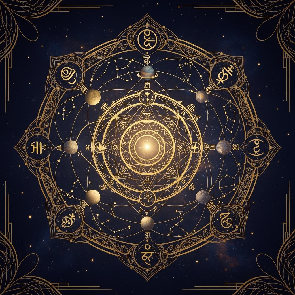 A cosmic zodiac mandala set against a starfield