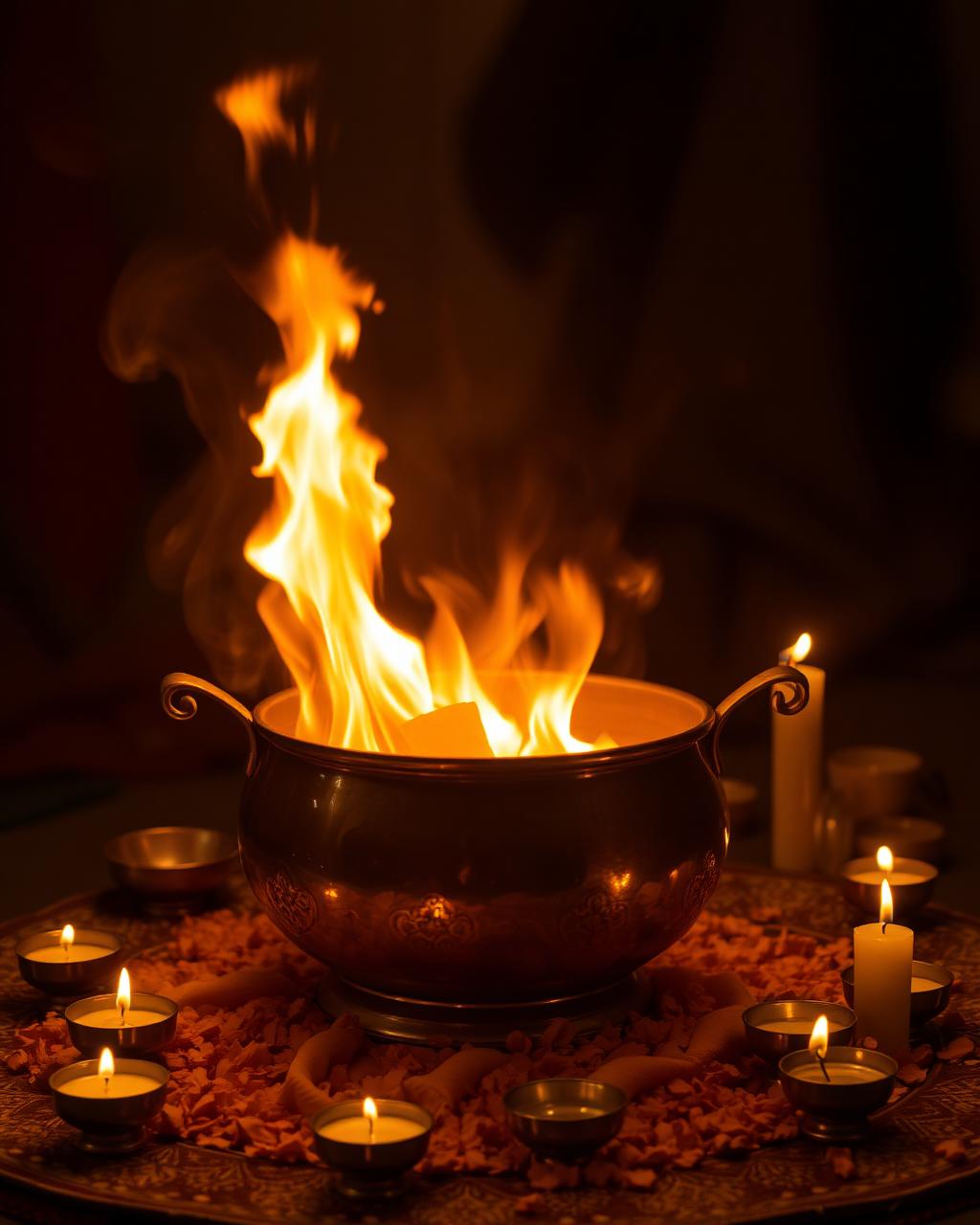 A sacred fire burning during a night ritual