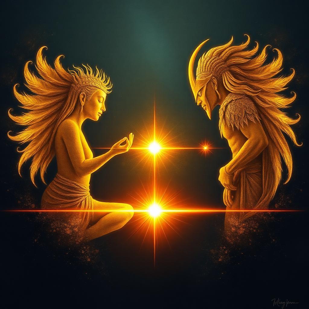 Two opposing golden figures meeting across a line of friction