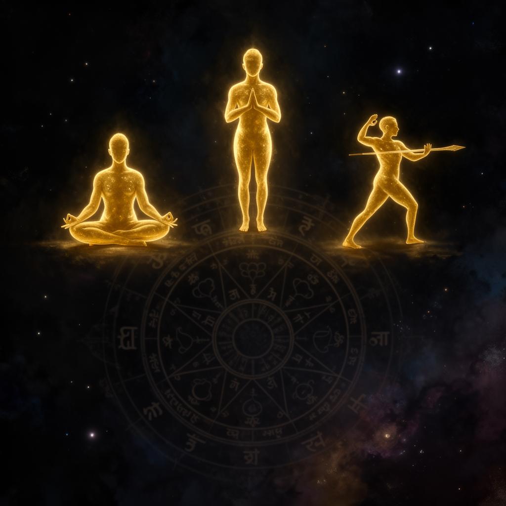 Three golden figures representing Deva, Manushya and Rakshasa Ganas above a Nakshatra mandala