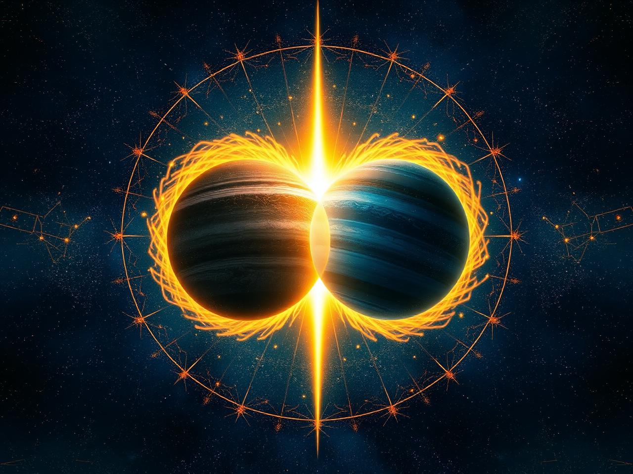 Two planets separated by a luminous veil amid constellations