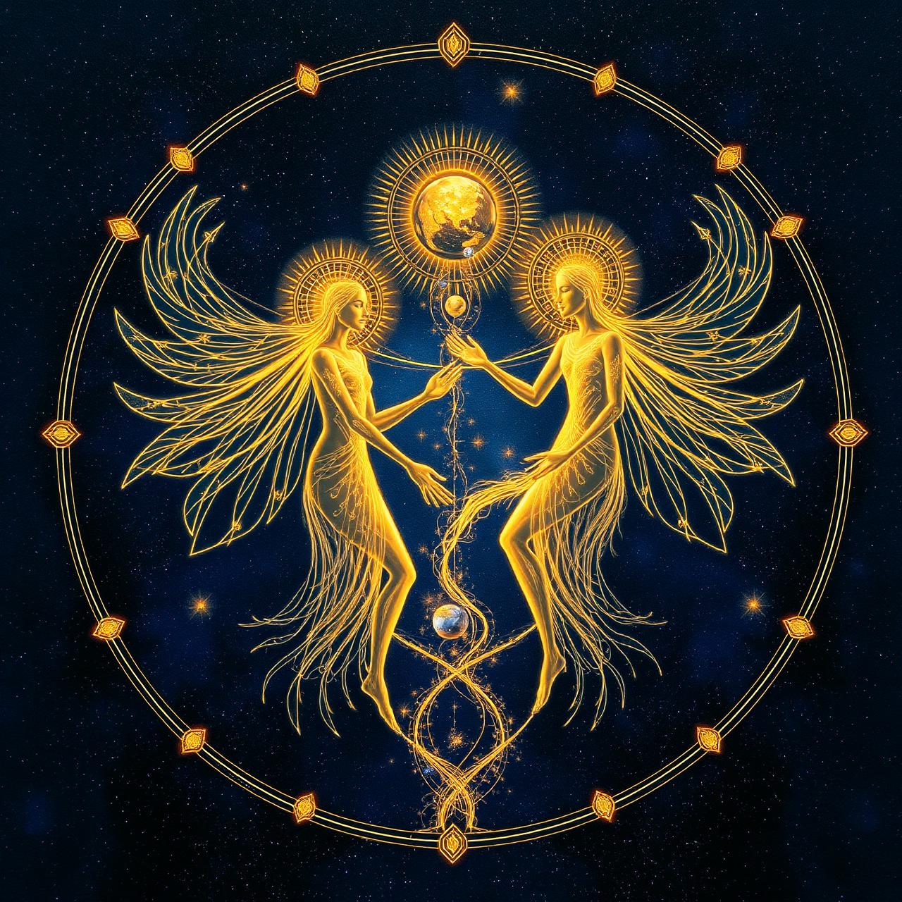Two ethereal figures connected by golden energy threads under a planetary mandala