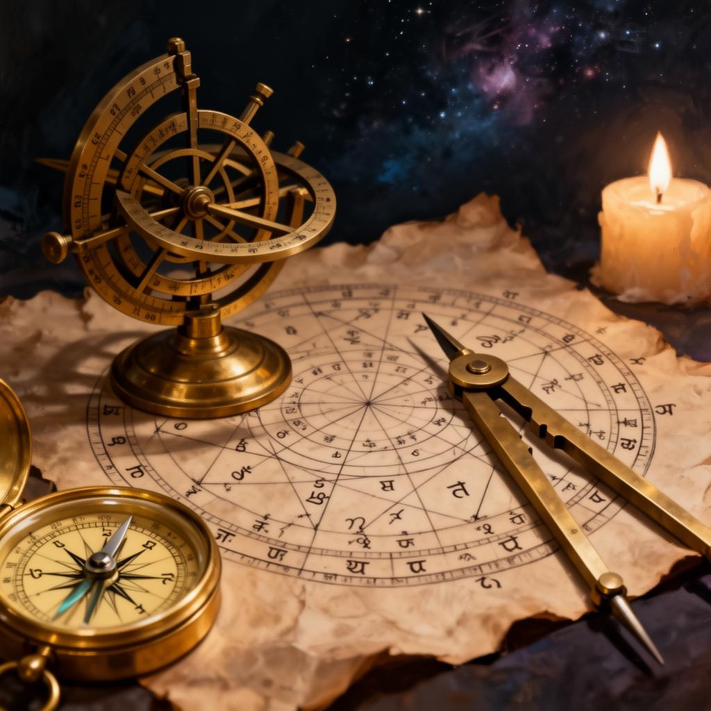 Brass astrolabe and Vedic birth chart on parchment by candlelight