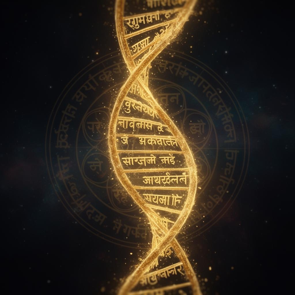 Glowing golden DNA helix dissolving into Vedic script and a dosha mandala
