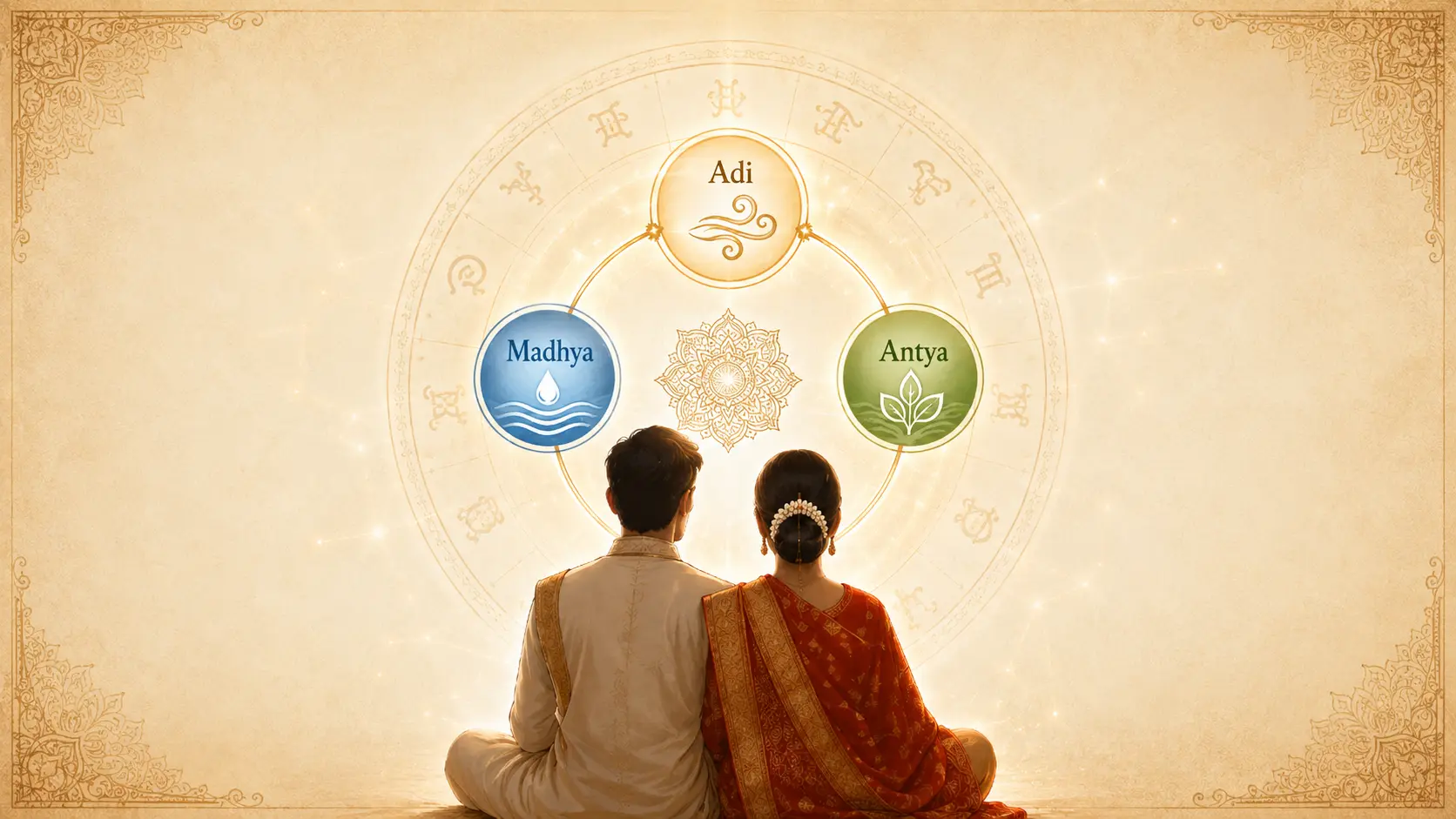 A couple seated before a zodiac wheel showing the three Nadis: Adi, Madhya and Antya
