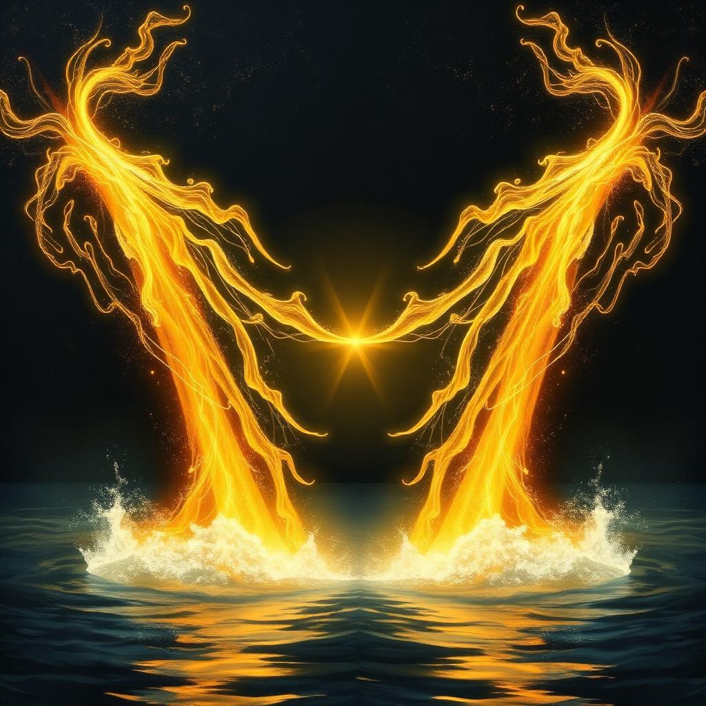 Two opposing energy streams meeting above dark water