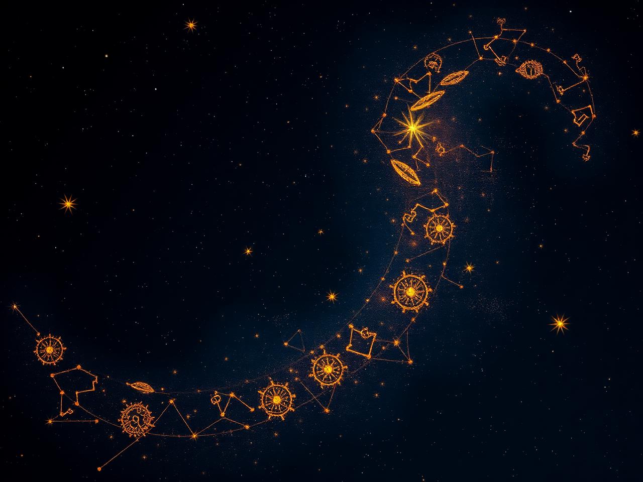 A celestial path of stars winding through cosmos with shifting auspicious zones