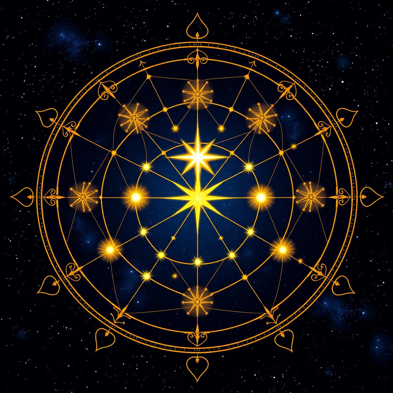 Constellation of nine luminous stars woven by golden threads in a Vedic Nakshatra mandala