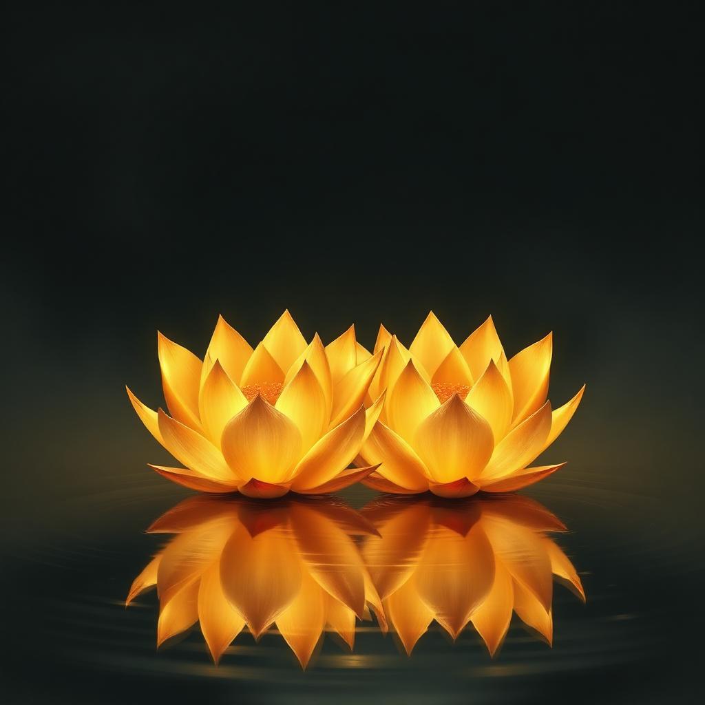 Two intertwined golden lotus flowers above still water