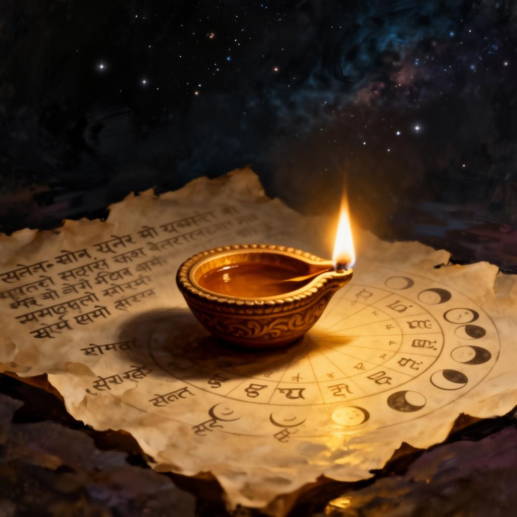 Lit diya on aged parchment with moon-sign chart