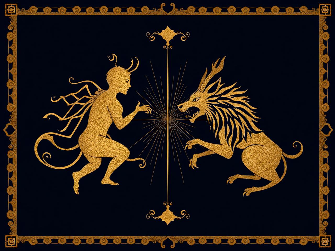 Two opposing zodiac creature symbols facing each other with a magnetic field between them