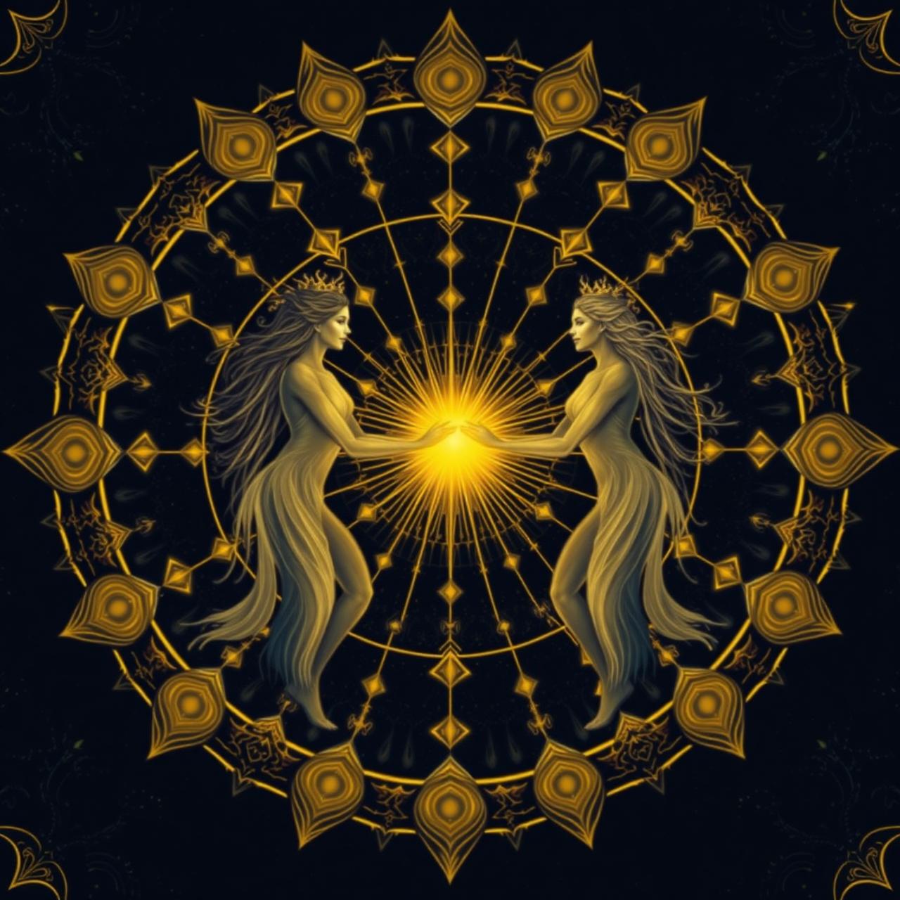 Two ethereal figures connected by magnetic golden energy threads under a cosmic mandala